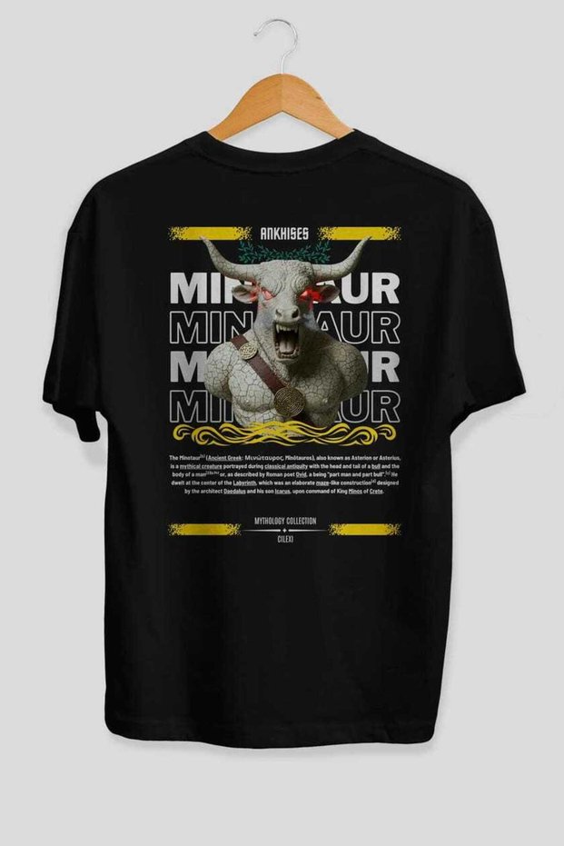 Minotaur 2 Mythology Back Printed Black Oversize T-Shirt Men Women Cotton Crew Neck T-Shirt