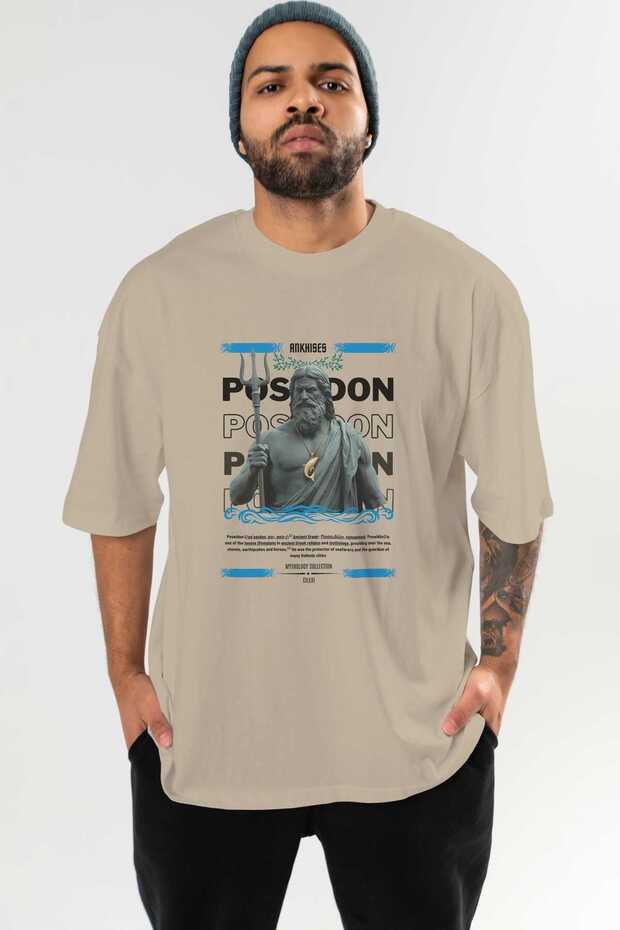 Poseidon 2 Mythology Front Printed Beige Oversize T-Shirt Men Women Cotton Crew Neck T-Shirt
