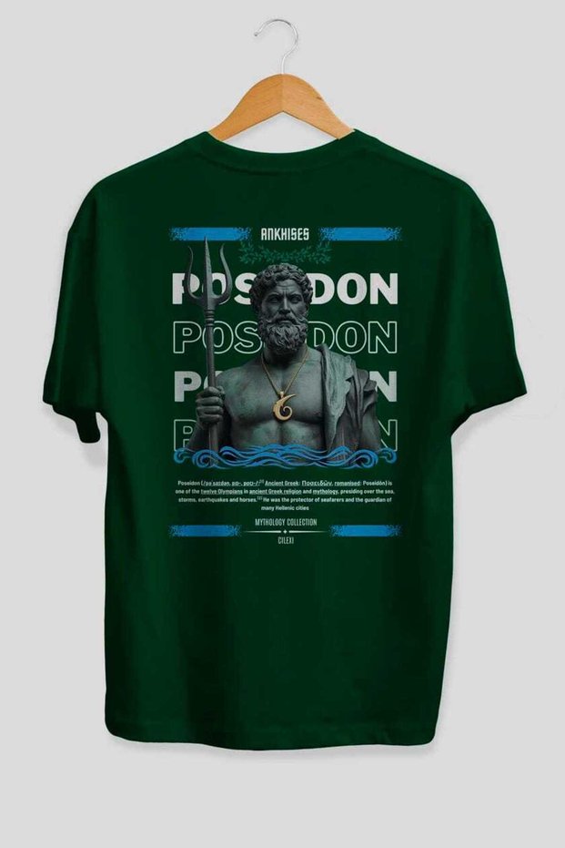 Poseidon 1 Mythology Back Printed Green Oversize T-Shirt Men Women Cotton Crew Neck Tshirt