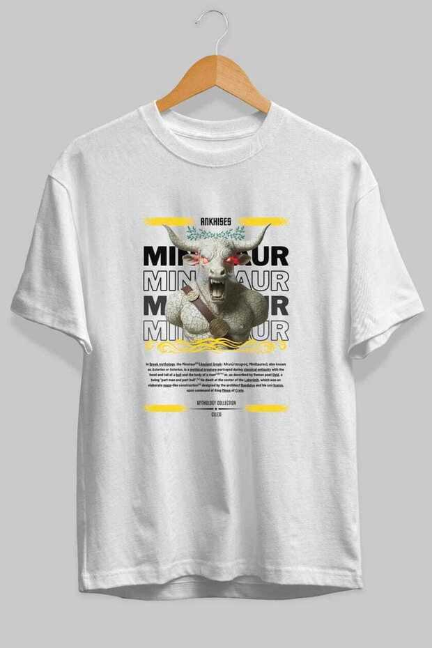Minotaur 2 Mythology Front Printed White Oversize T-Shirt Men Women Cotton Crew Neck Tshirt