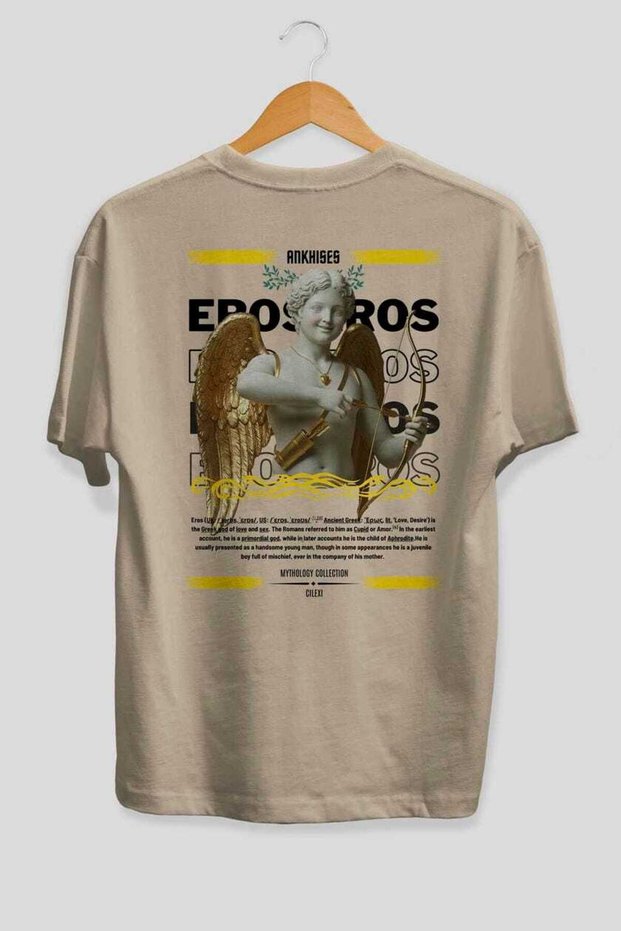 Eros Mythology Back Printed Beige Oversize T-Shirt Men Women Cotton Crew Neck Tshirt