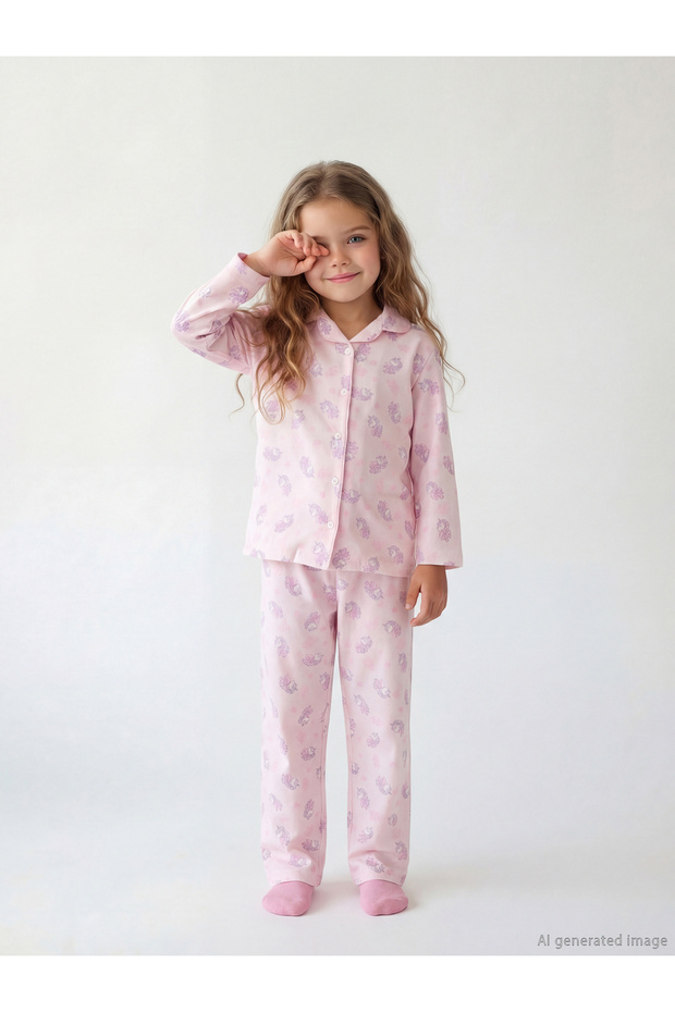 Ozmarka New Season Shirt Collar Patterned Girls' Pajama Set