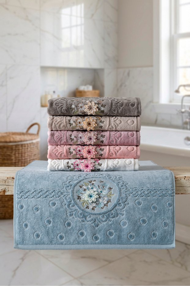 6 Pieces of 3D Embroidered Premium Dowry Hand Towels 50X90 cm 100% Cotton and Velvet