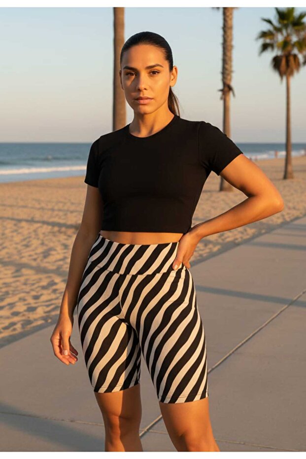 Women's High Waist Zebra Patterned Twill Shorts Leggings – Gathering & Stretchy