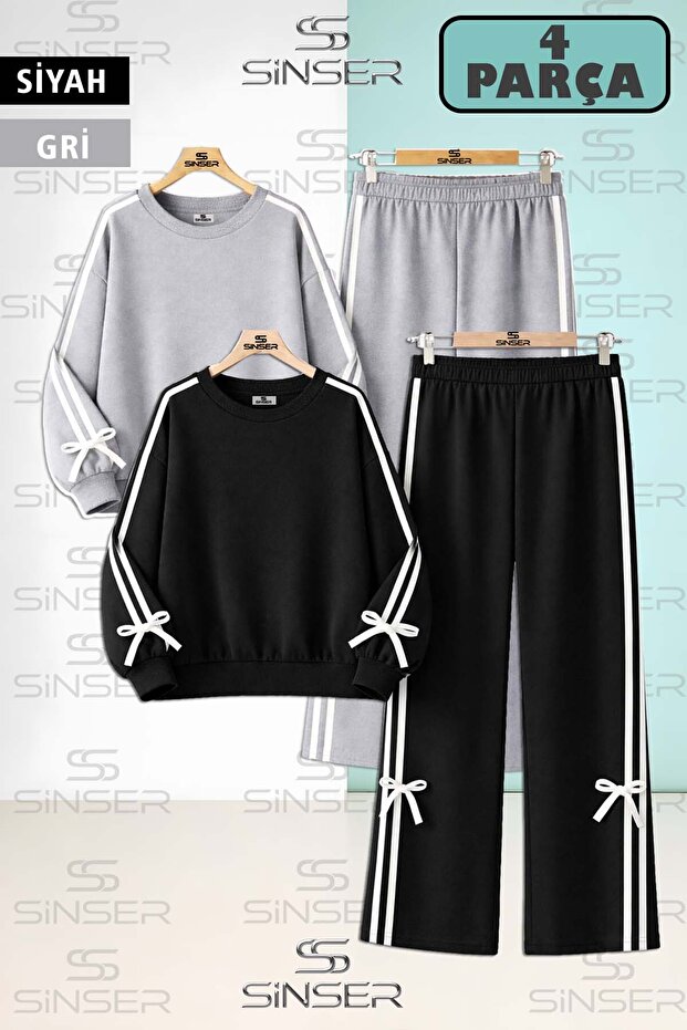 Bow Detailed Plain Girls' Ribbon Crew Neck 2-Piece Tracksuit Set