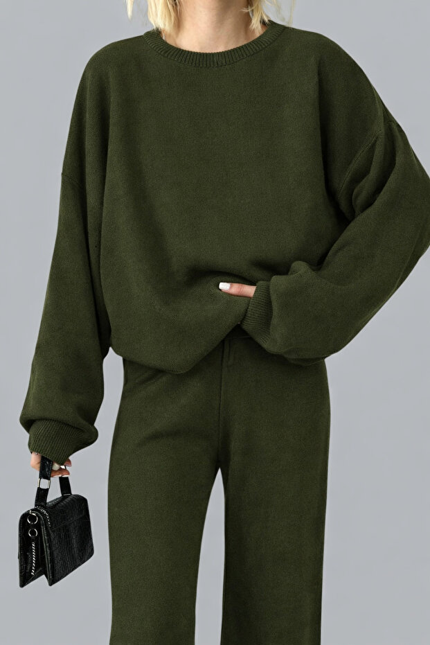 Women's Plain Bottom Top Sweater Pants Basic Khaki Green Two-Piece Knitwear Set