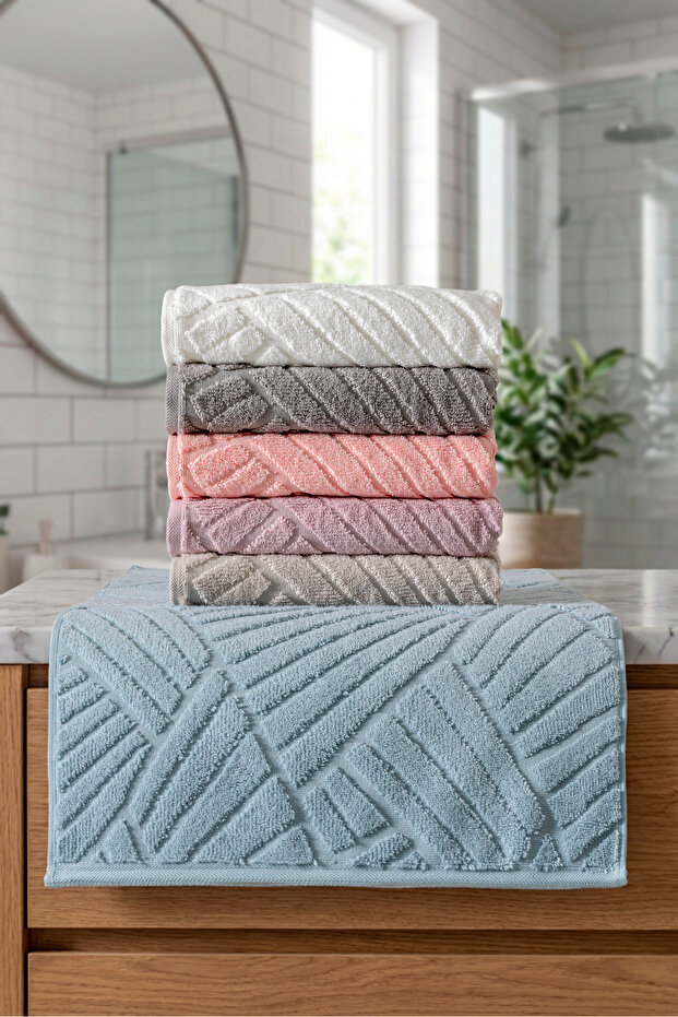 6 Pieces 50X90 cm Modern Embossed Pattern Hand and Face Towels 100% Organic Cotton