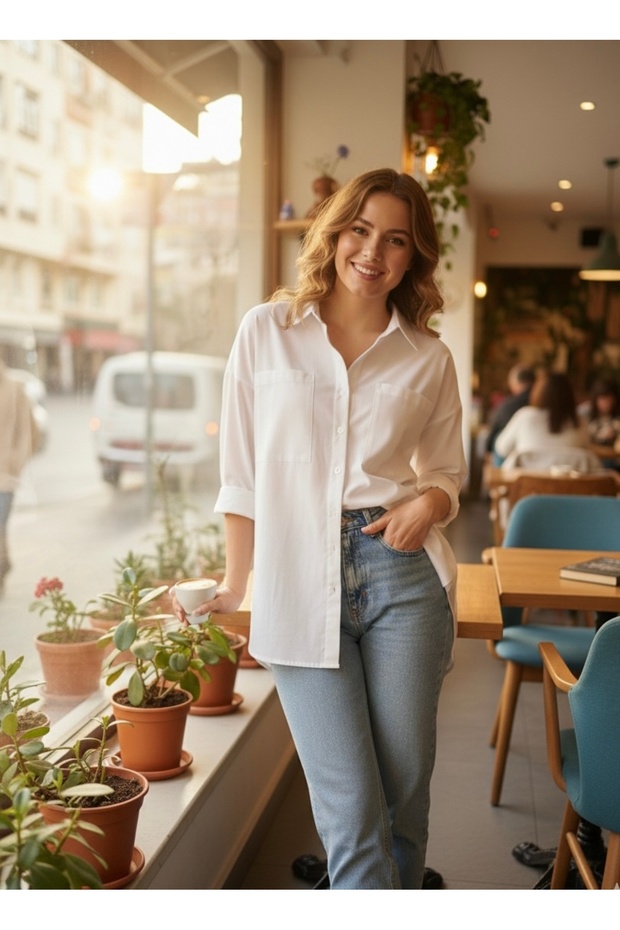قميص بوبلين كبير الحجم - أبيض