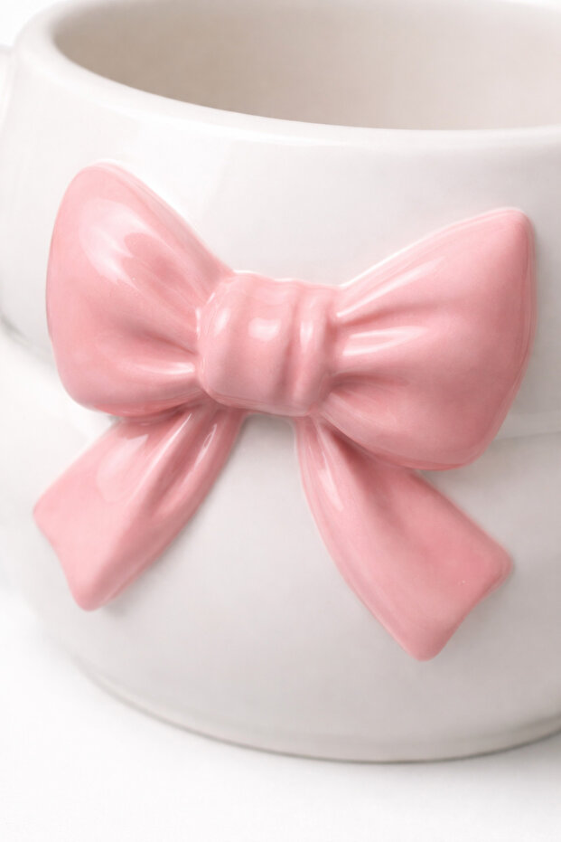 كوب سيراميك مصنوع يدويًا بالكامل بنمط فيونكة وردية ثلاثية الأبعاد منقوشة بشكل خاص - 3