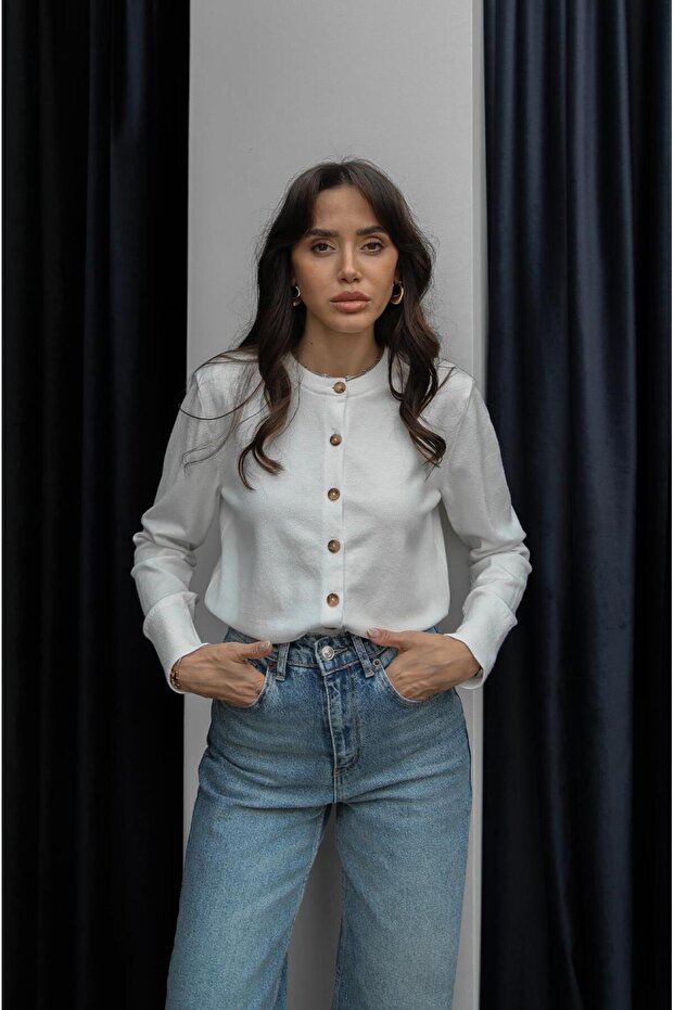 Ekru Rickles Düğmeli Basic Hırka - 2