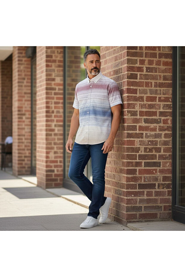 Slim Fit Cotton Striped Panel Pattern Short Sleeve Shirt (Slim Fit Model)