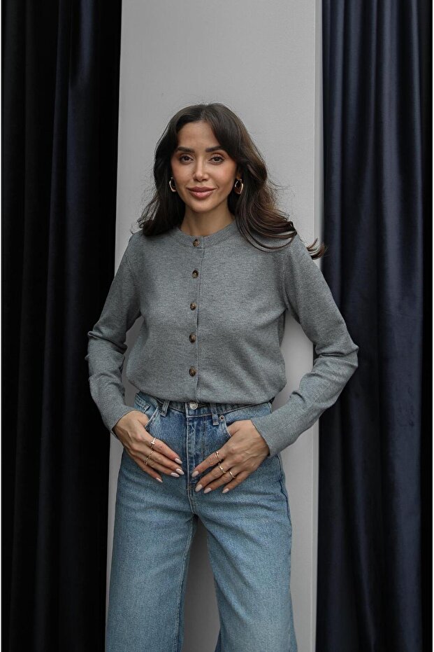 Gri Rickles Düğmeli Basic Hırka - 3