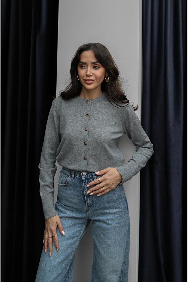 Gri Rickles Düğmeli Basic Hırka - 2