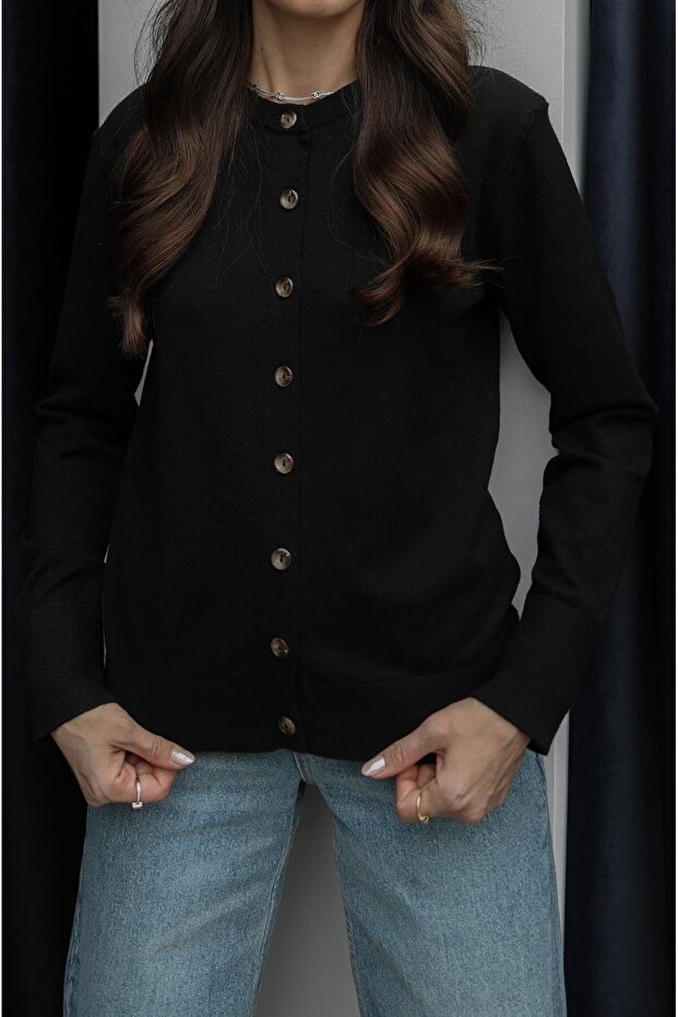 Siyah Rickles Düğmeli Basic Hırka - 4