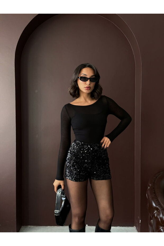 Siyah Pullu Kadife Şort Modern Premium Luxury Trend Tasarım Şort - 3