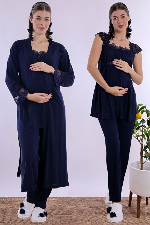 Long Robe Maternity Pajama Set with Breastfeeding Feature Effortt - Navy Blue