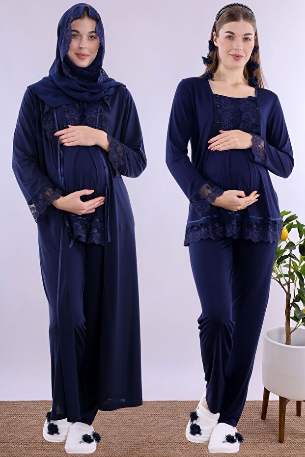 Effortt - Comfortable Cut Long Robe Maternity Pajama Set with Hijab - Navy Blue