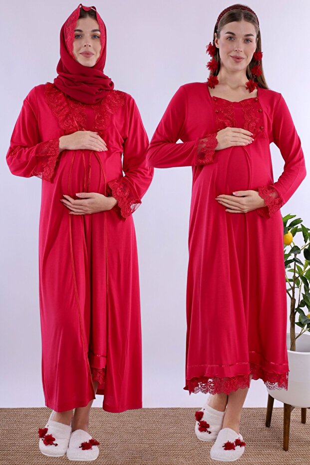 Soft Textured Maternity Nightgown Set with Hijab Effortt - Cherry