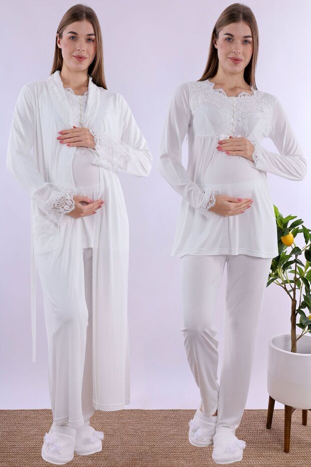 Comfortable Cut Maternity Pajama Set with Dressing Gown - Ecru