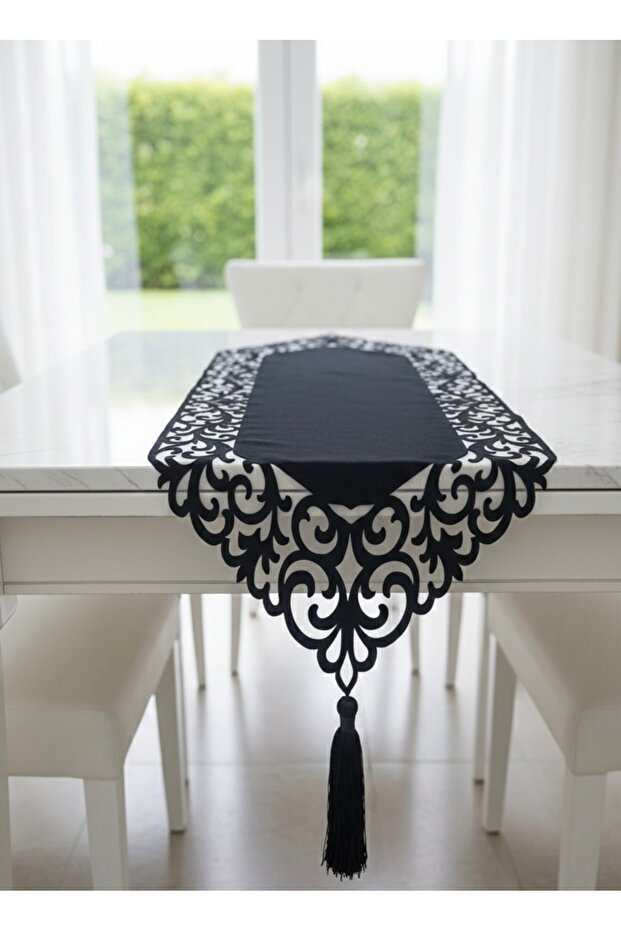 Hürrem Model Velvet Fabric Tulle Detailed Tasseled Decorative Tablecloth Runner