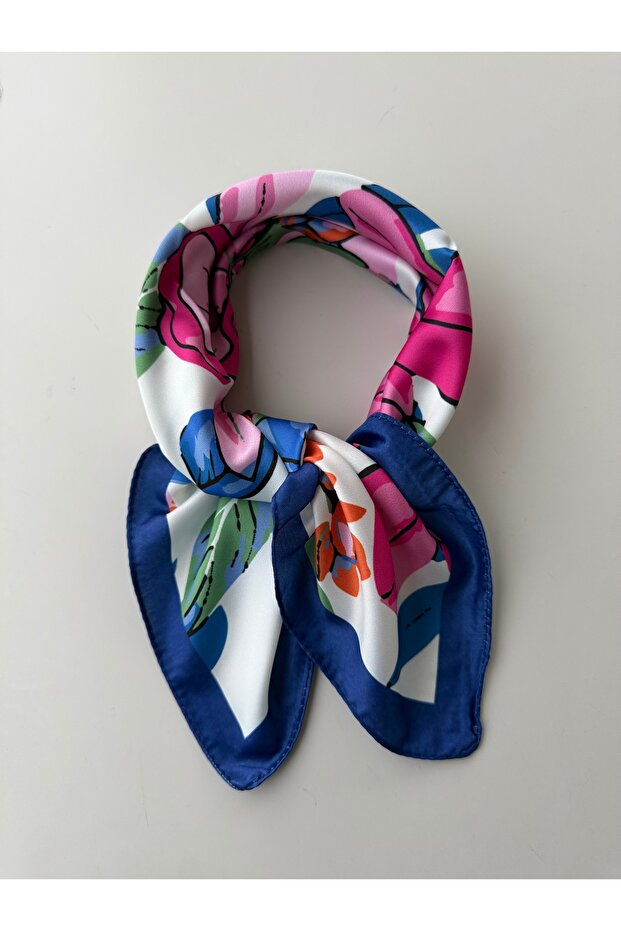 Blue Colorful Patterned Satin Women's Scarf Bandana 50X50 cm Standard Size Hair Neck Bag Accessory