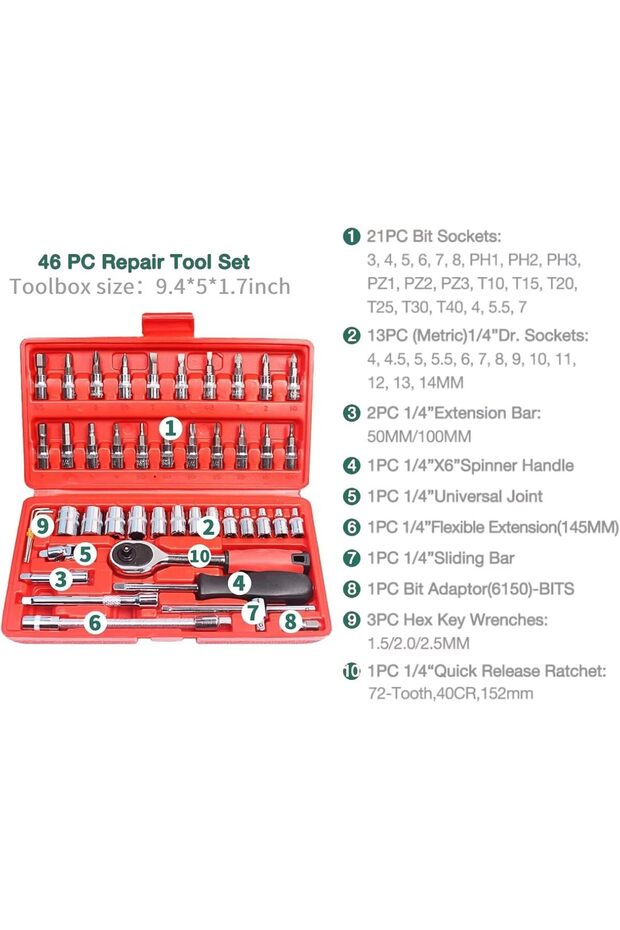 46-Piece Socket & Ratchet Wrench Set – 1/4-Inch Drive Metric Tool Kit