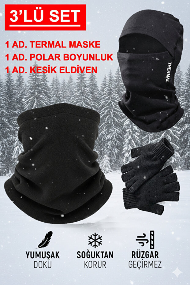 3-Piece Fleece Neck Gaiter, Thermal Mask and Gloves Set