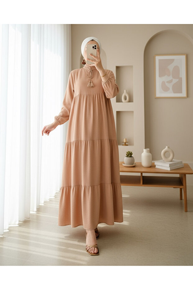 1627 Collar Lace-up Hijab Dress - D.Mink