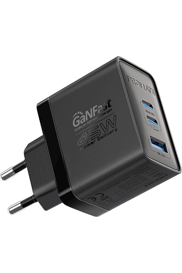GaN Fast Charger 45W Dual USB-C PD + 22.5W USB-A QC, Compact EU Plug – Black