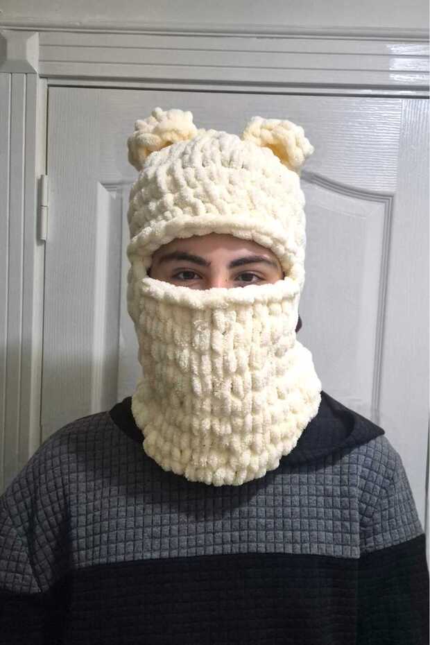 Puffy Bal Krem Hand Knitted Wegh Snow Mask Beanie & Muscle Cover Balaclava