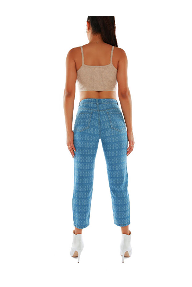 Women Printed Mom Fit Blue Jeans Pants