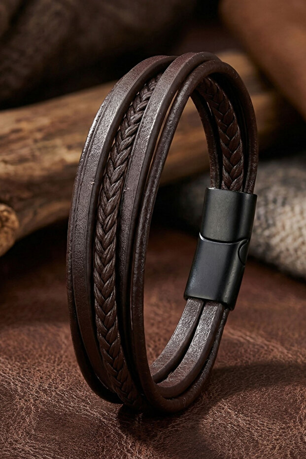 Men's Leather Bracelet Brown Multi Leather Cord Bracelet with Magnetic Lock