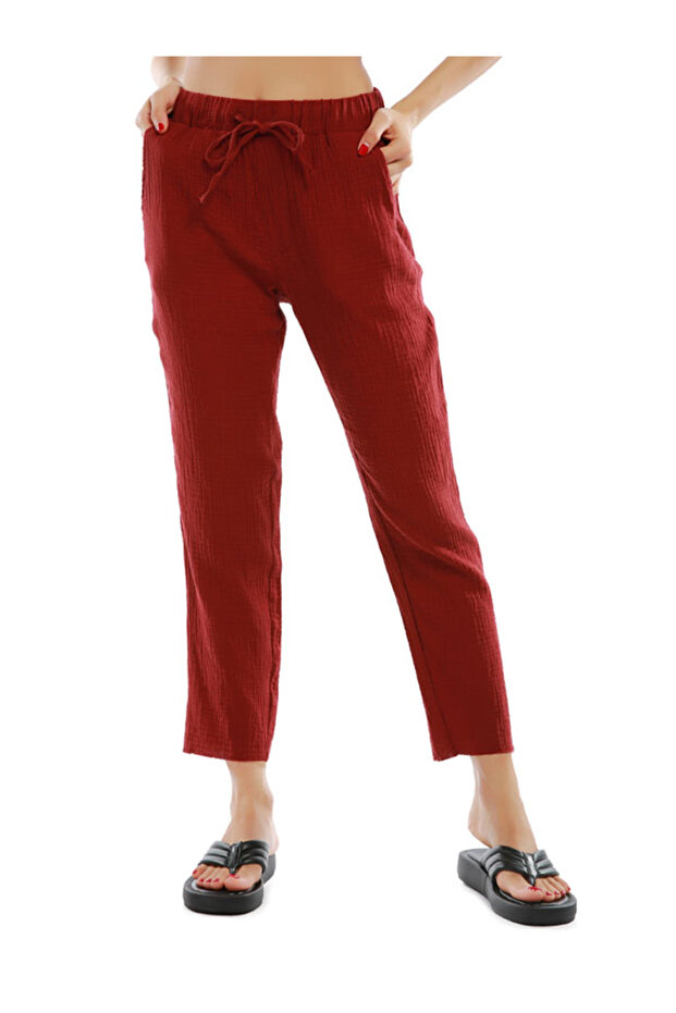 Women Burgundy Drawstring Narrow Bottom Summer Pants.