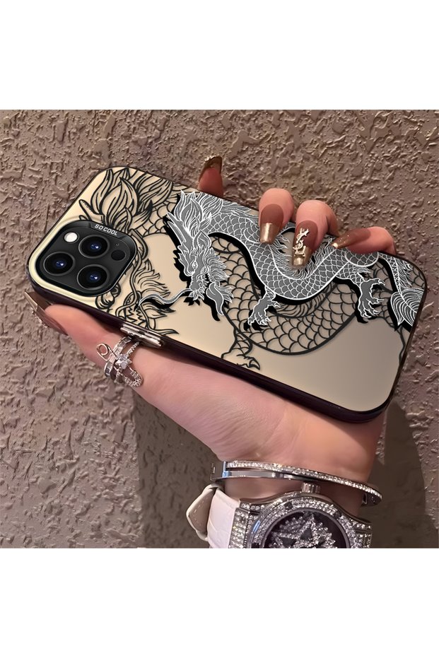 iPhone 16 Pro Compatible High-Quality Chinese Style Black and White Dragon Print Case