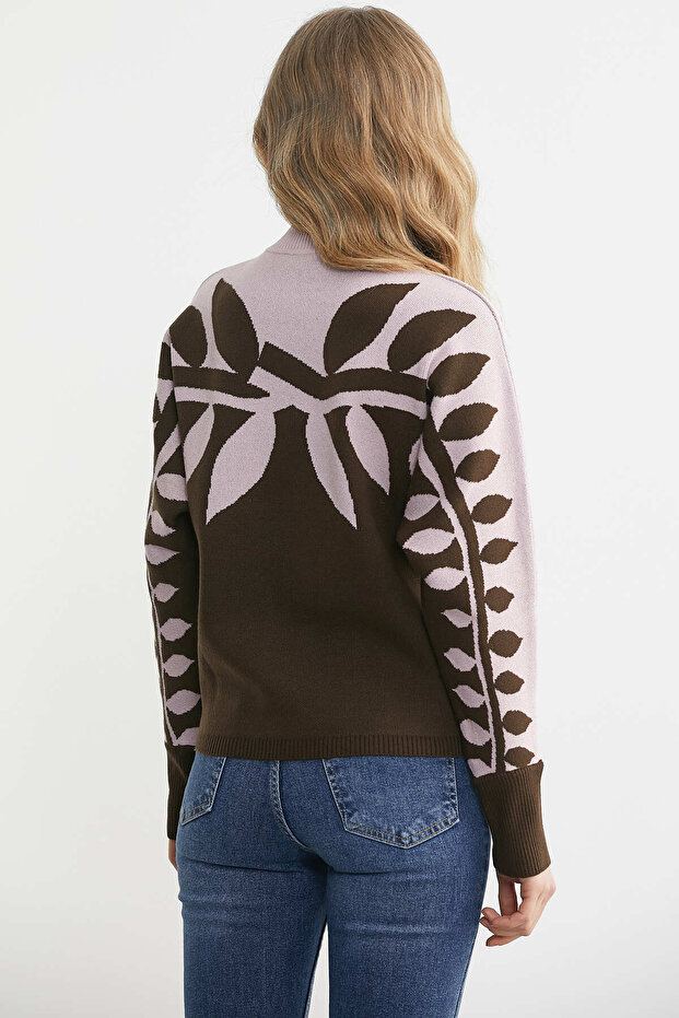 سترة تريكو منقوشة بأكمام على شكل أجنحة الخفاش - بني - 6