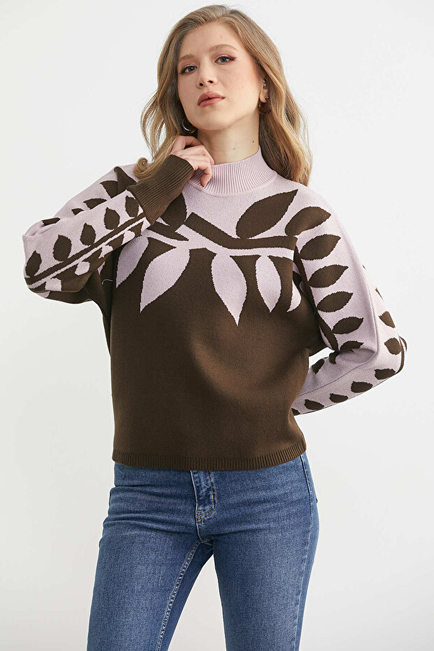 سترة تريكو منقوشة بأكمام على شكل أجنحة الخفاش - بني - 4