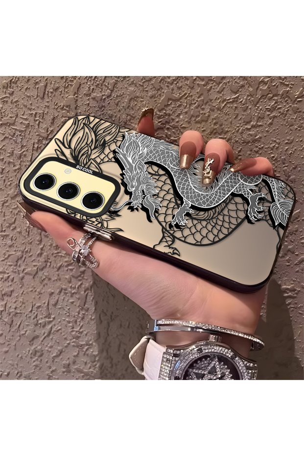 Samsung Galaxy S24 Fe Compatible High-Quality Chinese Style Black and White Dragon Printed Case