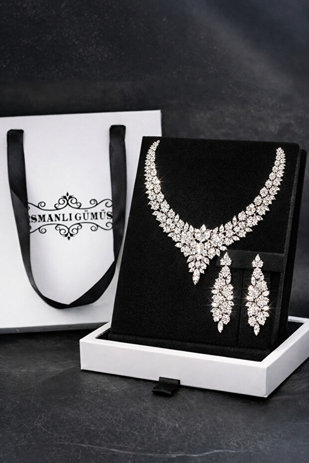 Zirkon Su Yolu Set Rodyum Kaplama Dafne Model Düğün Seti Nişan Seti Kolye Küpe Takı Seti - 2