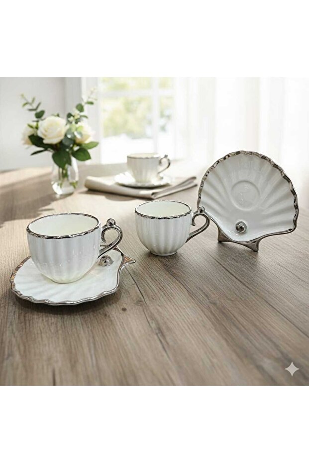 Deco Vi̇en Silver Pearl 2-Piece Porcelain Coffee Cup Set