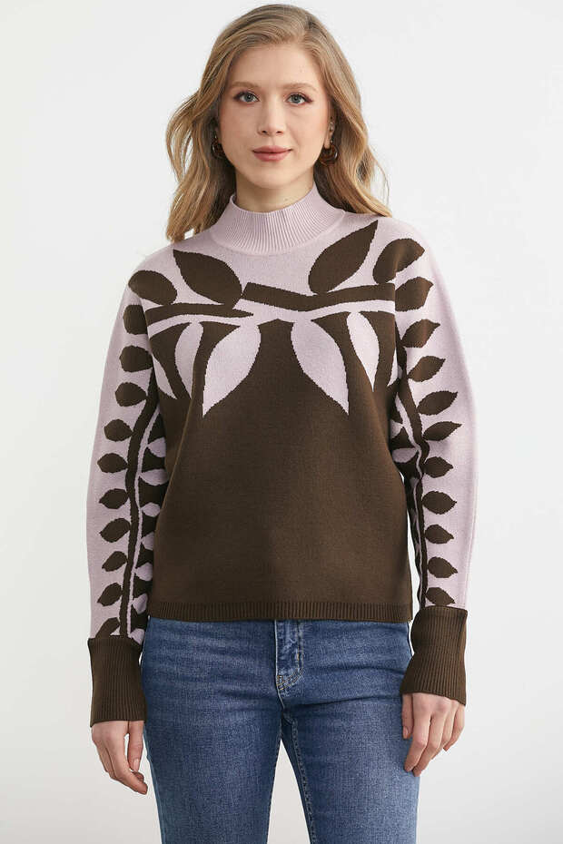 سترة تريكو منقوشة بأكمام على شكل أجنحة الخفاش - بني - 1