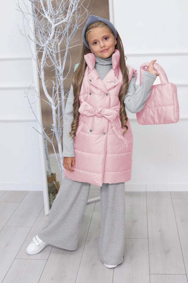 Girl's Long Puffer Vest with Stitching Detail in Pink