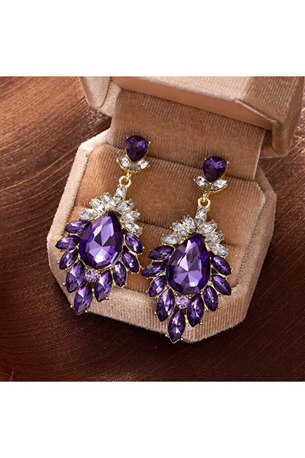 PURPLE 1Pc retro light luxury high-end sense flash full of diamond fringed earrings temperament earr