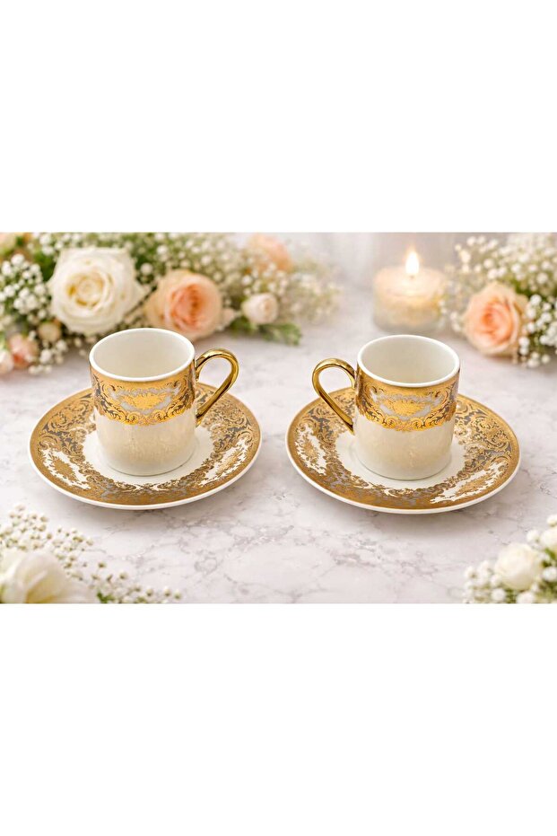 Deco Vi̇en Osmanli Motifed Gray-Gold 2-Piece Porcelain Coffee Cup Set