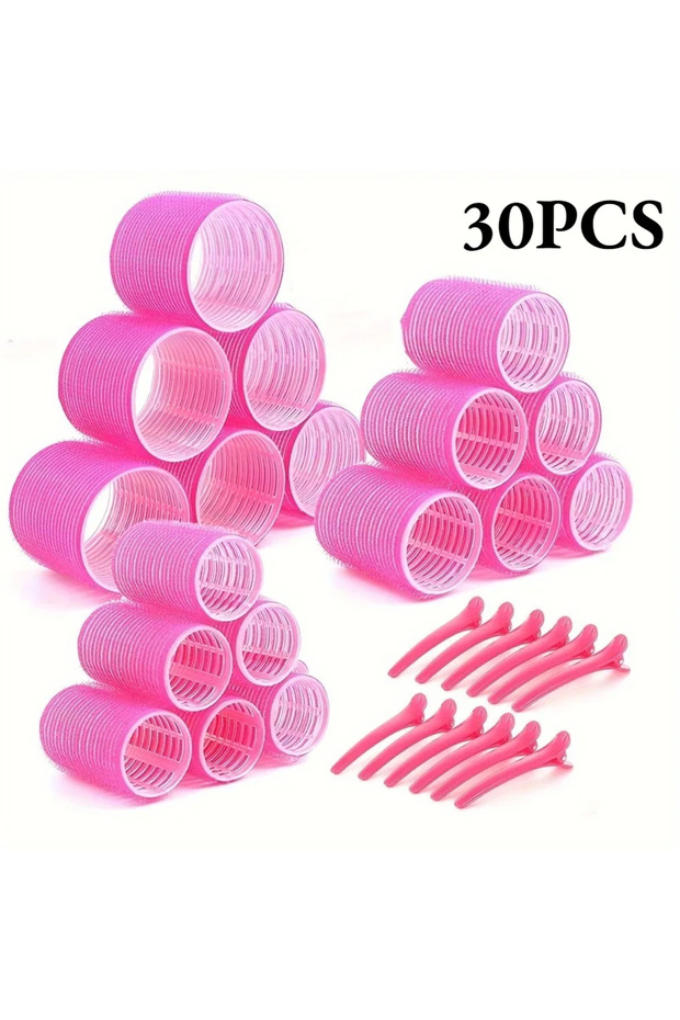 Rose Red-30Pcs 30pcs/Set Heatless Hair Styling Kit Self-Grip Rollers with 18pcs Hair Rollers and 12p