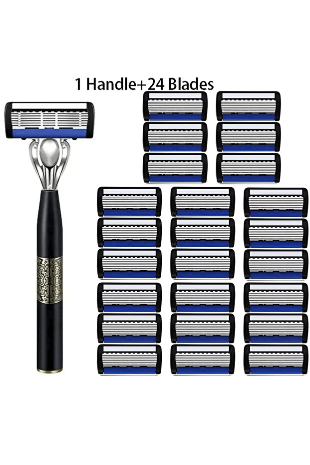 1Handle and 24Blades 6-Layer Stainless Steel Manual Men's Razor - Washable Metal Beard Razor with Ha