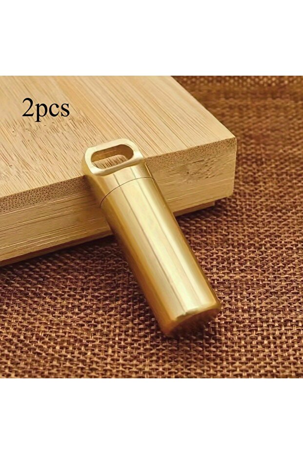 2pcs Golden Brass Waterproof Pill Jar with Keychain - Compact & Durable Medicine Case, Ideal for Out