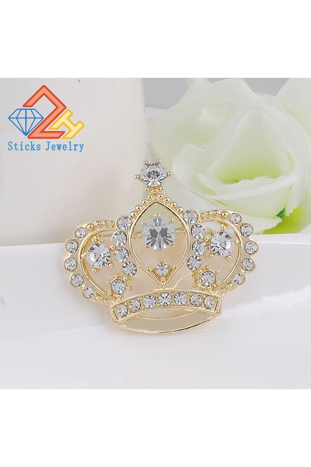 WHITE Light Gold Female Crown Brooch Simulated Crystal White K Engagement Wedding Brooch for Women