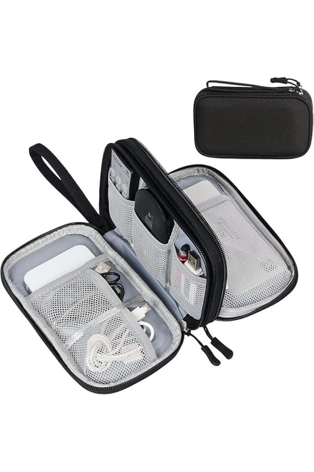 erorex Double Layer Electronic Organizer Bag, Black Waterproof Travel Cable Storage Case, Medium 7.5