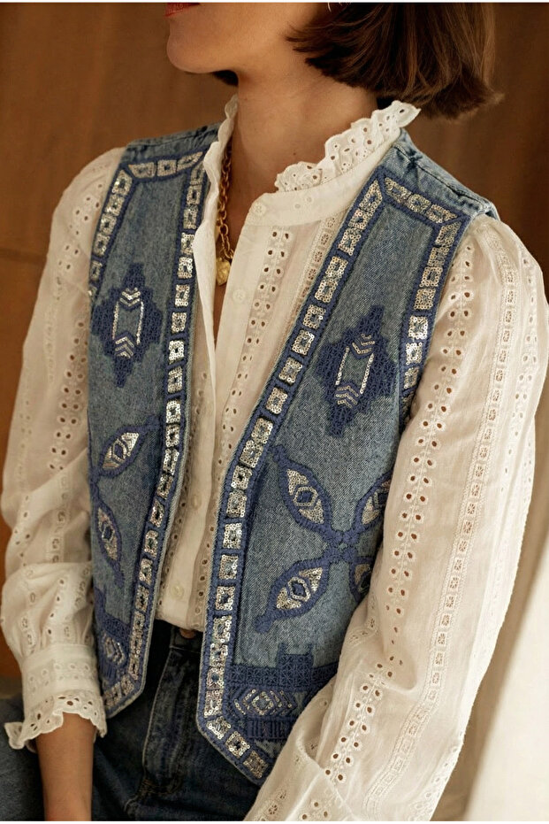 Women's Sequin and Embroidered Denim Vest