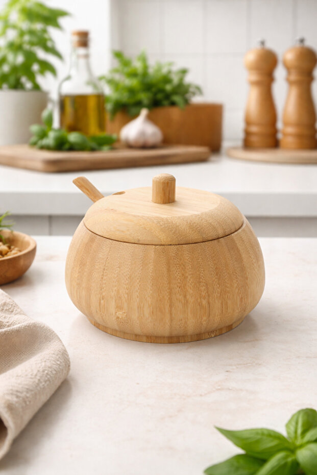 Bamboo Spoon Spice Rack | 100% Natural Bamboo | With Lid, Spoon Included | 13.5 X 13 X 9 cm